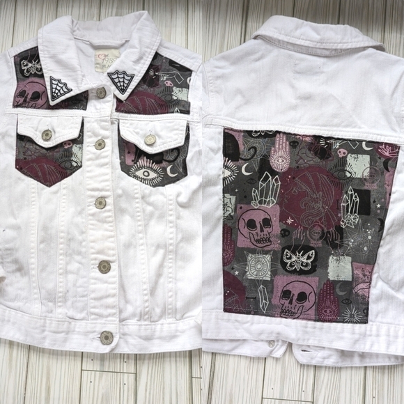 Cats and Crystals Custom Made Jean Jacket in Distressed White Girls Size 10/12 - Picture 9 of 9